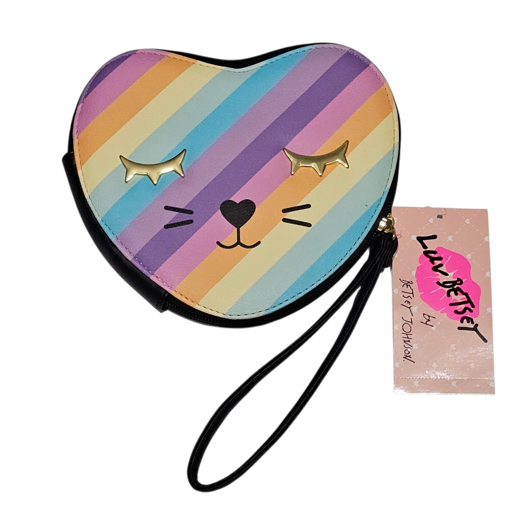 NWT Luv Betsey by Betsey Johnson Rainbow Heart Cat Wristlet
